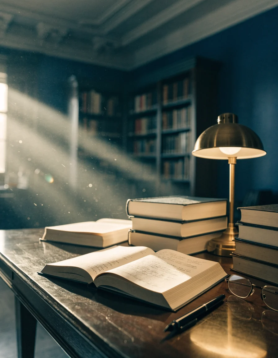 Akademik çalışma masası, kitaplar ve notlar